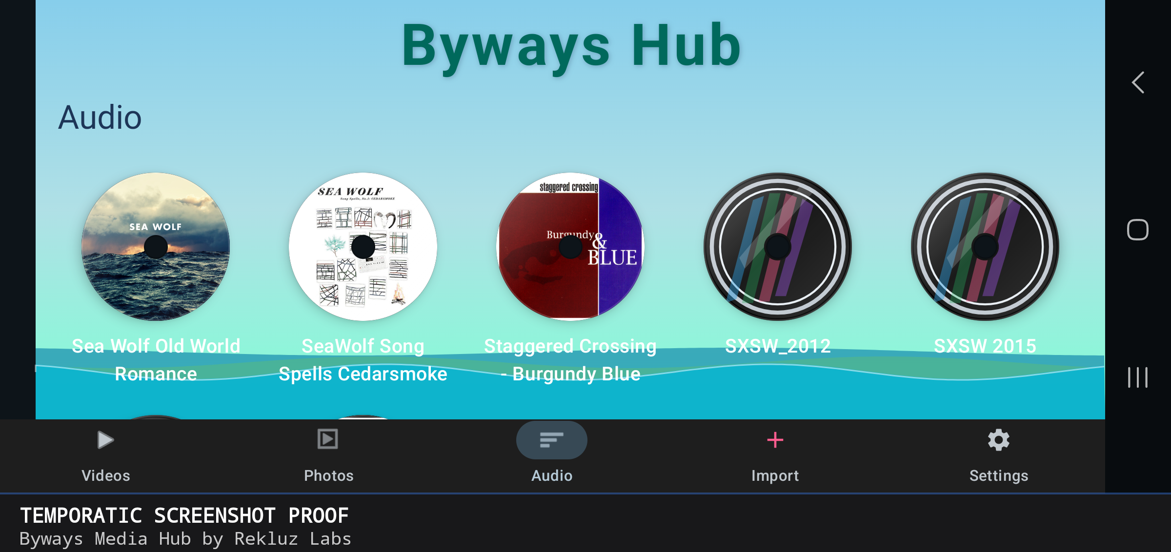 Byways Media Hub Audio tab, showing album art for local music