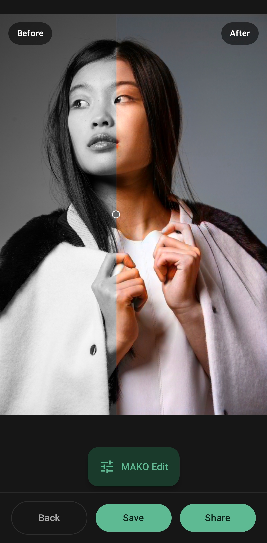 Before-and-after slider comparing a black-and-white portrait to its restored, colorized version