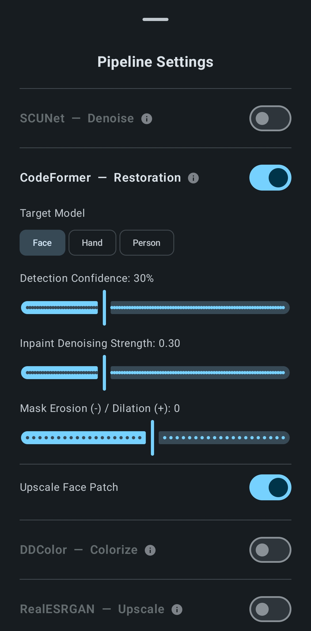 Advanced pipeline settings screen with toggles for denoising, face restoration, colorization, and upscaling
