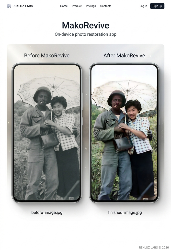 A decades-old family photograph before and after restoration with MakoRevive